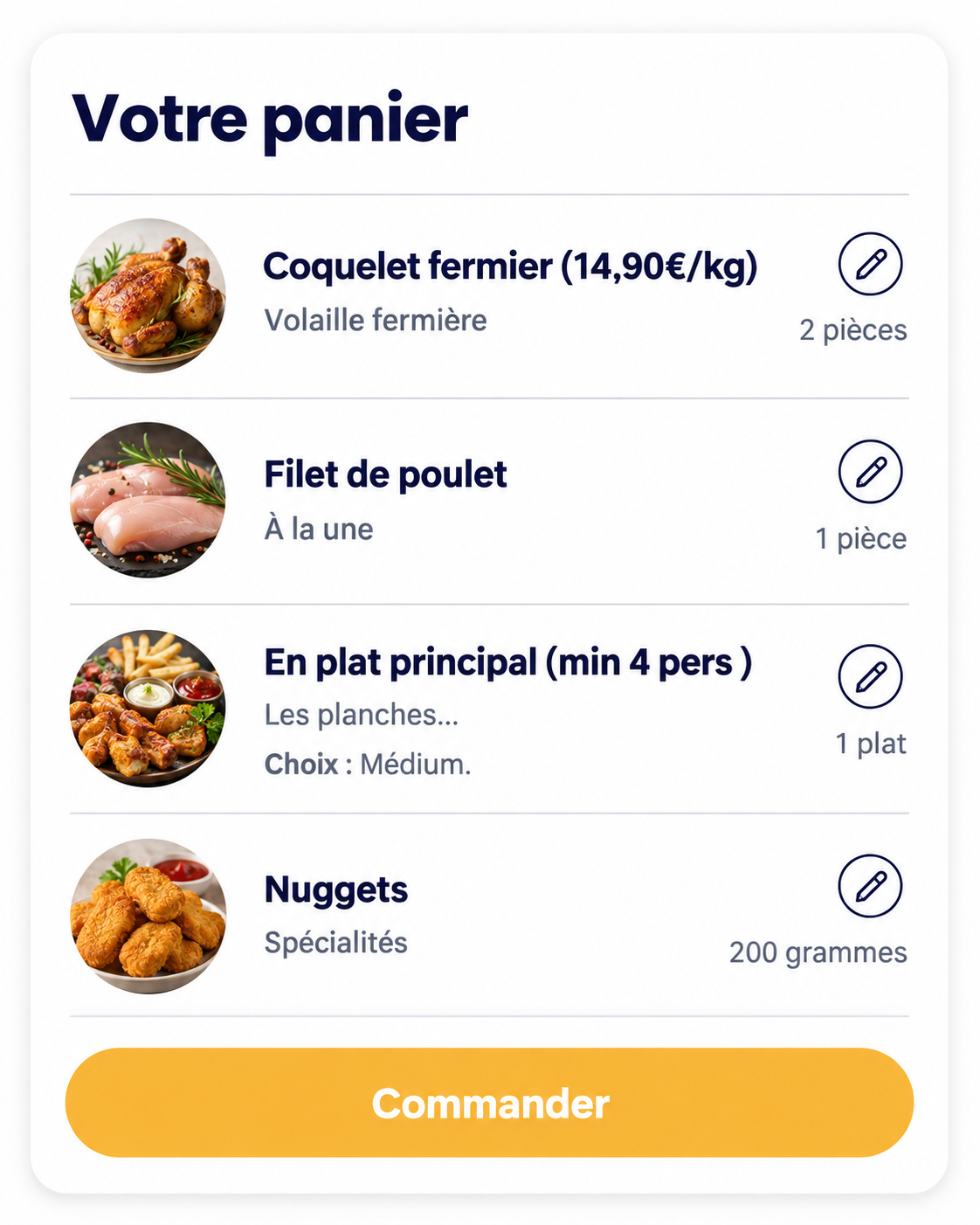 Le panier d’une boutique Heureca avec quatre produits, leurs quantités et le bouton Commander